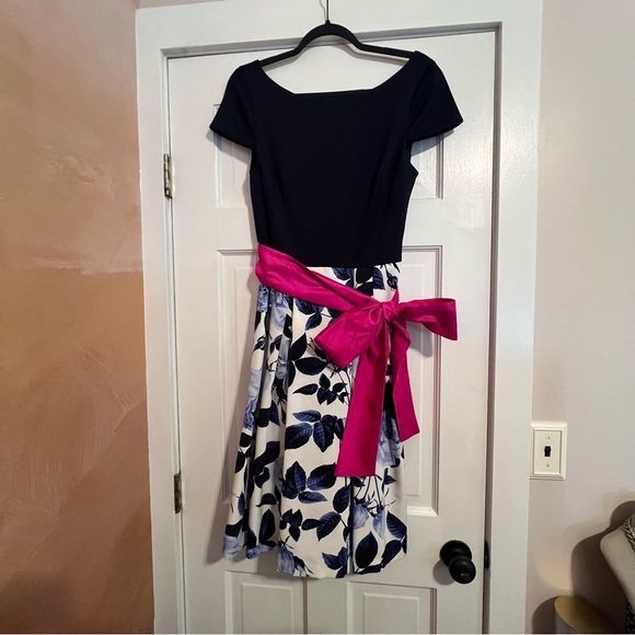 #127 ELIZA J FLORAL NAVY AND PINK TEA LENGTH DRESS 10 - Picture 1 of 6